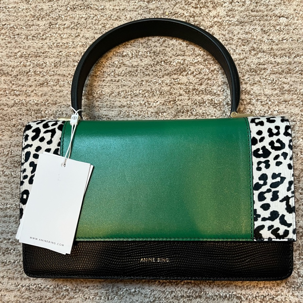 Anine Bing Green Black White Leopard Top-Handle Bag
